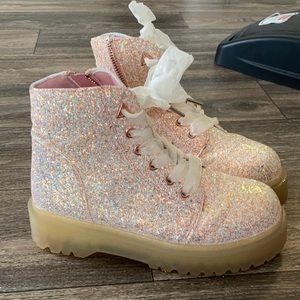 Pink Sparkly Fairy Combat Boots with Sheer Laces